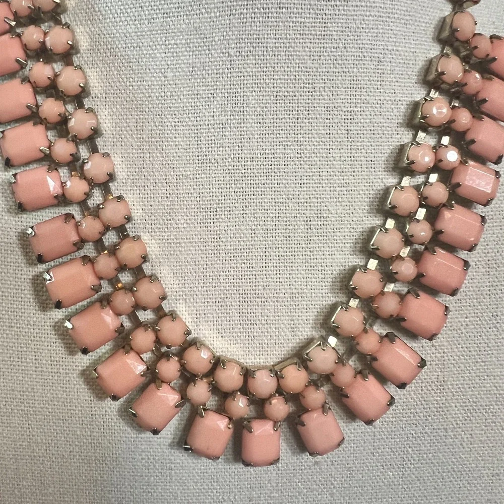 Pink Rhinestone Bib Necklace Statement Pastel Glass Stones 7